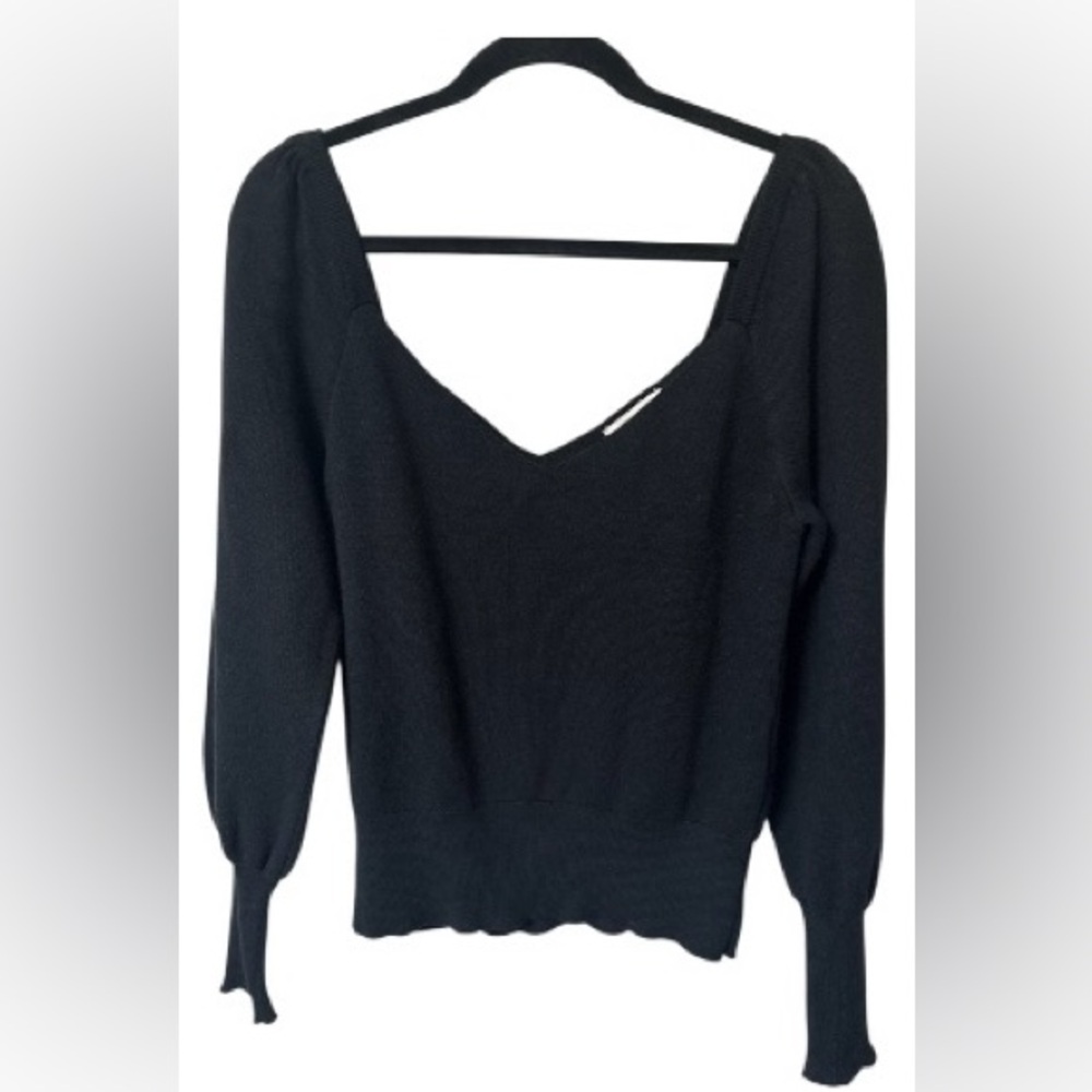 By Anthropologie Sweetheart Neckline Puff-Sleeve Black Sweater Boho Chic Medium